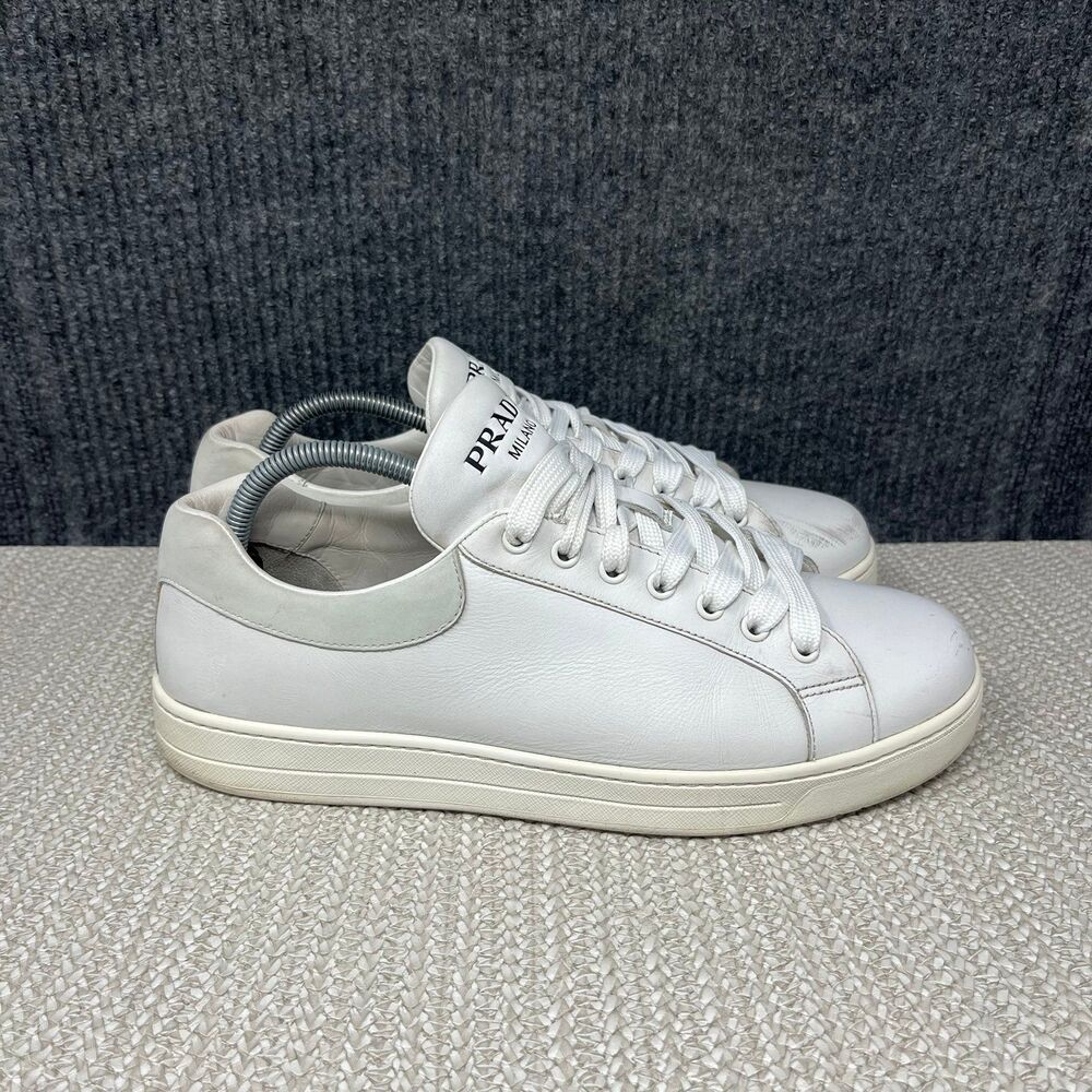 Prada Downtown Classic Leather Sneakers Shoes Solid White 4E3484 Mens 8.5